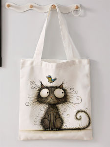 Black cat pattern printed casual handbag reusable fashionable backpack multifunctional handbag canvas shopping bag