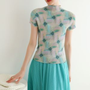 Áo Thun Thường Ngày Cổ Lọ Nửa Hạt Gạo Xếp Li Ôm Vừa Vặn In Họa Tiết Đàn Hồi Cao 3208