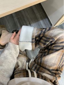 กางเกงขายาวทรงตรงผ้าขนสัตว์สไตล์อเมริกันสำหรับผู้หญิง กางเกงขายาวทรงหลวมสบายๆ หนา ฤดูใบไม้ร่วง/ฤดูหนาว กางเกงขายาวทรงยาว