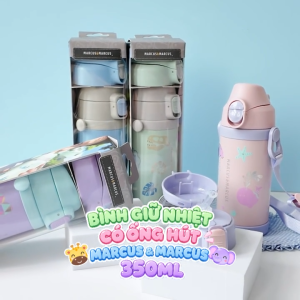Bình Nước Giữ Nhiệt Có Ống Hút Và Vòi Uống Marcus & Marcus - Dung Tích 350ml  Họa Tiết Xanh Dương
