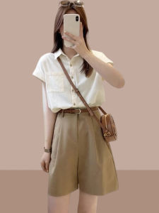 Fashionable Short Sleeve Shirt Set Womens Summer 2025 New Style Suit Shorts Matching Whole Set Cotton Polo Collar Button up