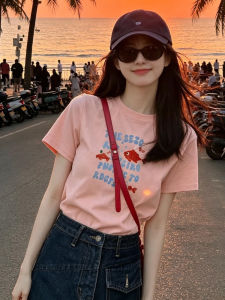CHOEFULYN | Dopamine Fish Print Pink T-Shirt Women 2026 Summer New