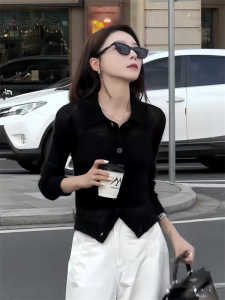 Black Long Sleeve Knitted Sweater Early Autumn 2025 New Thin Cardigan Women Slimming Sun Protection Short Top Women