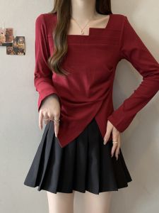 Ankela Red Long Sleeve Square Collar T-Shirt Womens Autumn plus Size Fat MM Irregular Base Shirt Inner Wear Top