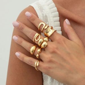 Ingemark 7Pcs/Set Trendy Vintage Irregular Geometric Metal Rings Sets Women Creative Gold Color Couple Open Ring Jewelry Gift