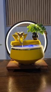 น้ำล้นน้ำพุ รุ่นดอกบัวสวรรค์สีอำพัน ตั้งโต๊ะแต่งบ้านเสริมฮวงจุ้ยเสริมทรัพย์