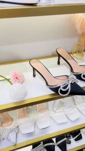 Giày sục nơ xoàn vip đen HALEY STORE cao gót 7cm quai đính nơ xoàn đá pha lê mũi nhọn công chúa tiểu thư cô dâu đi tiệc