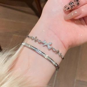 Korean Elegant Shining Bow Zircon Bracelet for Women Y2K Sweet Crystal Charm Butterfly Bracelets Wedding Party Jewelry Gift