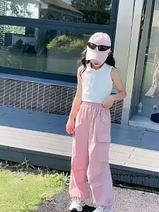 Kids Girls Cargo Pants High Quality Street Style Polyester Fiber Jogging Baggy Loose Trousers with Big Pockets Drawstring 7-16yrs