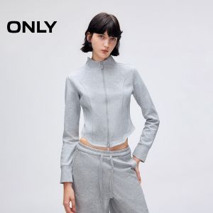 Only2025 Winter New Casual Stand Collar Zipper Jacket Waist Cinched Open Cardigan Short Sweatshirt Womens Fashion Polyester Cotton Blend