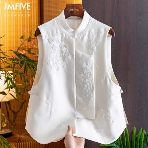 Loose Embroidered Chinese Style Vest Jacket New Summer Commute Zipper Closure V-Neck Womens Fashion Outerwear Tank Top