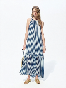 MO&Co. | Summer New Linen Cotton Blue White Stripe Handwoven A-Line Halter Dress
