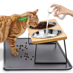 Elevated Cat Bowls with Food Mat 15° Tilted Stand Anti Vomiting Raised Cat Dishes with Silicone Pad for Food and Water for Cats