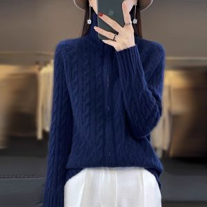 Autumn Winter Womens Fashion Knitted Woolen Cardigan Zipper Collar Imitation Cashmere Long Sleeve Thickened Casual Outerwear