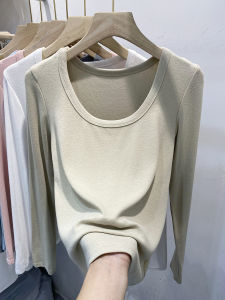 Spring 2025 Womens Pure Color round Neck Elastic Long Sleeve Casual Versatile Base Layer Shirt T-Shirt Korean Style Straight Cut