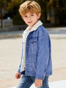 Autumn And Winter Boys Long Sleeved Lapel Imitation Denim And Velvet Jacket Fashionable Casual Jacket