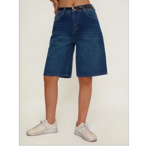 Womens Loose Fit Casual Denim Shorts Deep Blue American Style Spring Summer Suitable All-Match Ladies Jeans Shorts