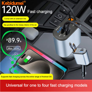 Kebigumei 4 trong 1 120W sạc điện thoại xe hơi có thể thu vào cho điện thoại 15 14 sạc nhanh 2 cáp sạc với hiển thị điện áp Loại C