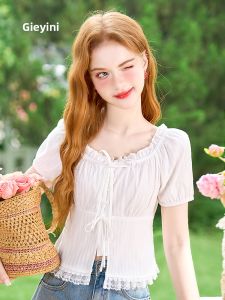 HEYINI | Áo Thun Chiffon Voan Ôm Body Cổ Vuông Tay Ngắn