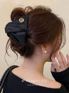 MENGWU | Navy Blue Satin Bow Hair Clip Large
