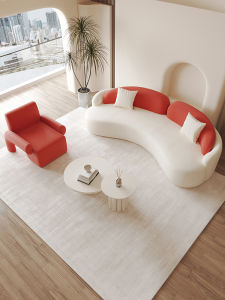 Red Arciform Sofa Luxurious Reception Area Hotel Lobby Sales Office Waiting Room Asymmetrical Fabric Couch for Universal Use