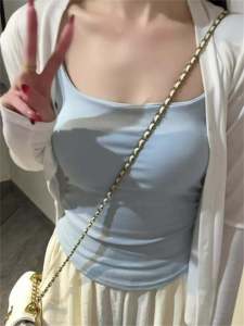 Blue Folded Waist Design Womens Camisole Vest Inner Wear with Chest Pad Sweet Style Short Length Slim Fit Online Exclusive