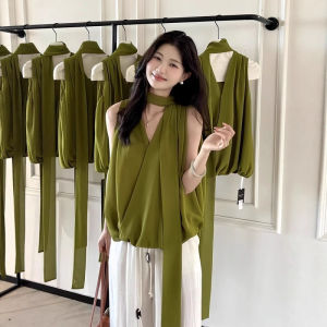 chaqi | Stylish French Design V-neck Sleeveless Vest Green Ribbon