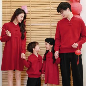 Family Matching Winter Clothes Hanfu Childrens Dress Father Son Mother Daughter New Year Photo Shoot Outfit Traditional Chinese Style Knitted Sweater Dress
