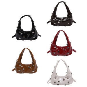 Women PU Rivet Shoulder Bag Trendy Underarm Bag Adjustable Strap Cool Sling Bag Punk Style Satchel Purse Chic Hobo Bag