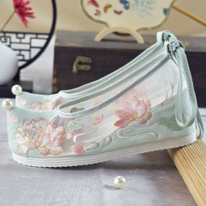 Elevated Green Lace Hanfu Shoes Womens Summer High Heel Embroidered Traditional Chinese Shoes Retro Style Net Material