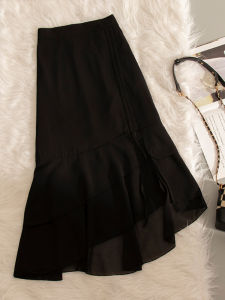 Elegant Black High Waist Midi Asymmetrical Skirt Womens Spring Summer Fashion Design Sense Elegant Wrap around Skirt
