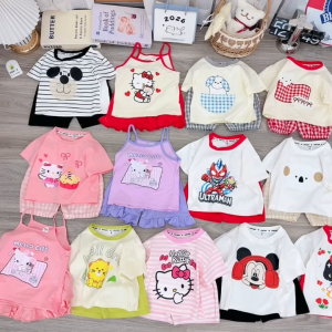 Bộ 2 Dây Cotton Bé Gái Họa Tiết Mèo Hello Kitty Quần Bèo Chất Liệu Nhẹ Mát Cho Bé 6-16kg