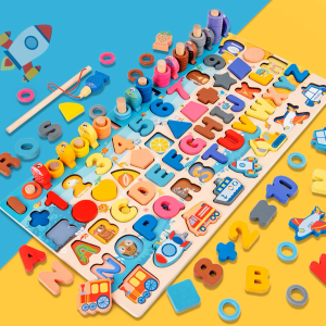 【BAYOEMS】7-in-1 Multifunctional Wooden Learning Board Alphabet Digital Vehicle Shape Fishing Matching Puzzle Board Baby Montessori Educational Toy