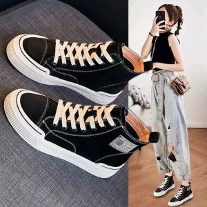 Casual Black High-Top Canvas Shoes Womens Autumn Zipper 2025 New Genuine Leather Panel Shoes Mid-Calf Size White Shoes