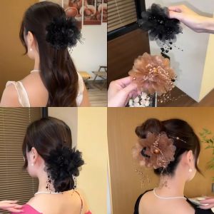 Elegant Feather Net Hair Clip Womens High Ponytail 2024 New Style Hair Accessories Bun Hair Clip Shark Clamp Fashionable