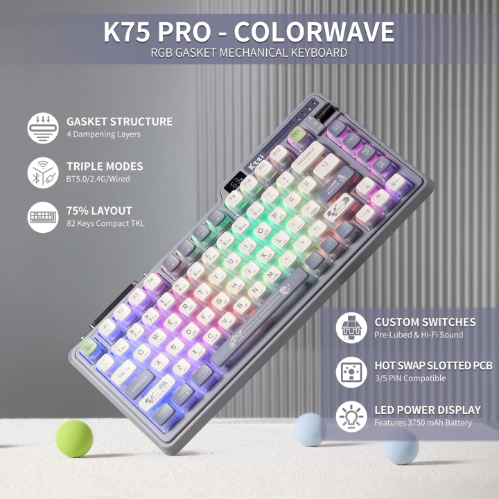 RK KZZI K75 PRO+ Wireless Gasket Mechanical Keyboard RGB Hot Swappable ...