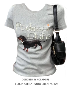 plus Size Womens Retro Sausage Dog Print Beaded Short Sleeve T-Shirt Slim Fit Summer Fashionable Top Korean Style Commute
