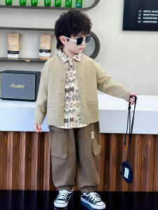New Chinese Style Boys Autumn Clothes Set Knitted Sweater Shirt Three-piece Suit Daily Wear for Boys Ages 1-12 Cotton Polyester Blend