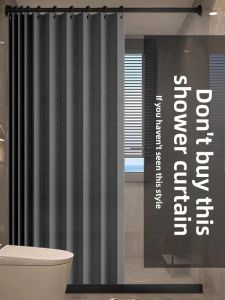 Waterproof Bathroom Curtain Magnetic Foldable Set Wet And Dry Separation Mildew Resistant No Drilling Required Polyester Fabric