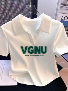 LINGLONGDAI | White Womens Short Sleeve T-Shirt Summer Short Style Pure Cotton Polo Shirt Fashionable Design Korean Version Slim Fit Top