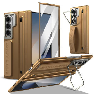 For Samsung Galaxy Z Fold 8 Ultra Z Fold 7 6 5 4 3 Hinge Protection Case With S Pen Screen Protector Metal Lens Stand Wristband