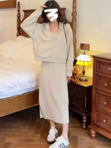 Early Autumn Fashionable Hoodie Dress Set Womens Stylish Qualitative Two-Piece Suit Hooded Sweatshirt Strap Dress Ensemble