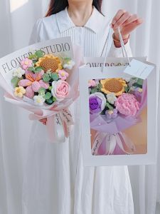 Bó Hoa Dệt Bằng Vải Lông Tay Cầm Cho Ngày Sinh Nhật Của Phụ Nữ Bó Hoa Hướng Dương Hoa Hồng Bó Hoa Giả Cho Ngày Lễ Trung Thu