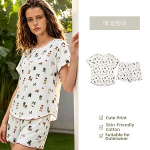 GAINREEL | Cotton Summer Sweet Lovely Dog Pattern Short Sleeve Shorts Womens Sleepwear