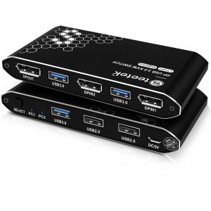 DP KVM Switch 2 Ports 4K 60Hz Resolution Enabling Two Computers to Share One or Dual Monitors HDCP 2.2 & USB Cables Provided