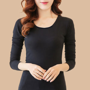 เสื้อยืดคอตตอนโมดอลทรงสลิมฟิตสีดำสำหรับผู้หญิง เสื้อเชิ้ตแขนยาวสีขาว สไตล์เกาหลี ทรงเข้ารูป เสื้อยืดคอตตอนโมดอลแบบบาง