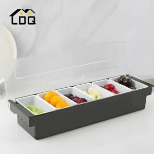 6-Compartment Cold Insulated Condiment Tray with Lid Removable Food Storage Containers Chilled Garnish Party Cocktail Garnishes