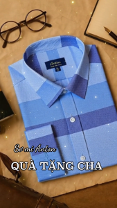 Áo Sơ Mi Nam Thương Hiệu Anton Dài Tay Công Sở Trung Niên Vải Cotton Họa Tiết Kẻ Caro Màu Xanh - 8566