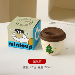 Ceramic Christmas Coffee Cup with Lid Small Cute Portable Mug Nordic Style Hand-Painted Illustration Gift for Girls