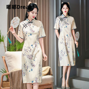 Sweetened New Style Revamped Large Size Womens Summer Dress Ethnic Trend Vintage Fashion Low Slit Short Sleeve Floral Pattern